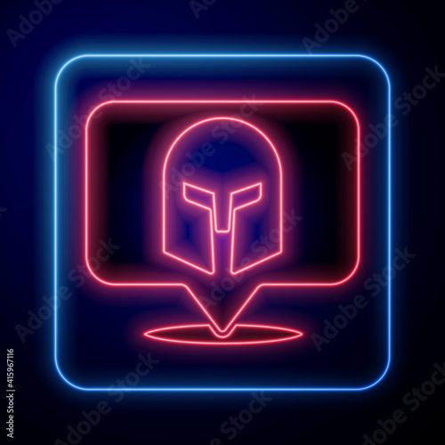 Glowing neon Greek helmet icon isolated on black background. Antiques helmet for head protection soldiers with a crest of feathers or horsehair. Vector.