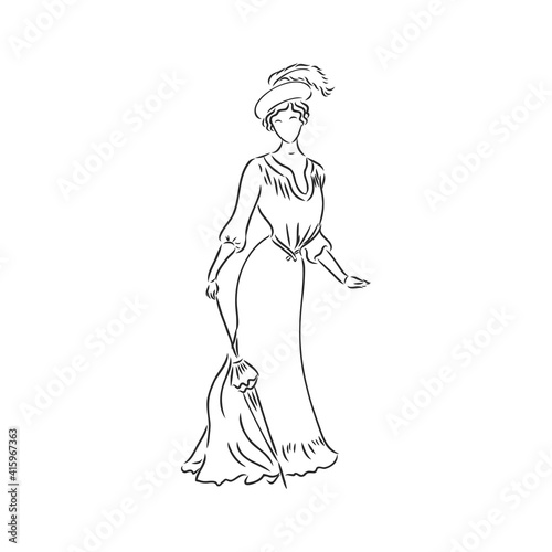 Antique dressed lady. Old fashion vector illustration. Victorian woman in historical dress. Vintage stylized drawing, retro woodcut style © Elala 9161