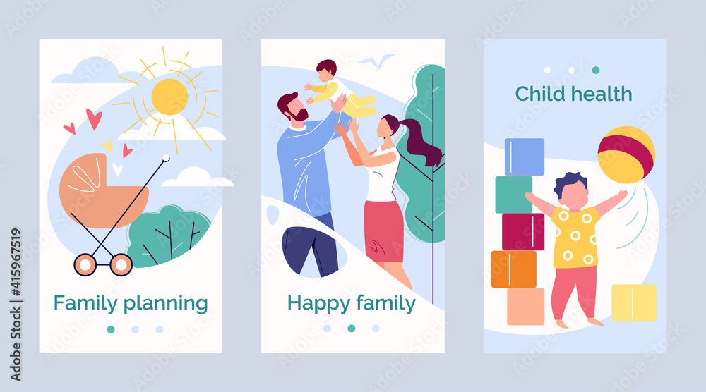 Happy Family Father, Mother and Child Against the Backdrop of Nature and the Bright Sun. Template Design Health and Family Planning. Vector Illustration in Flat Cartoon Style.