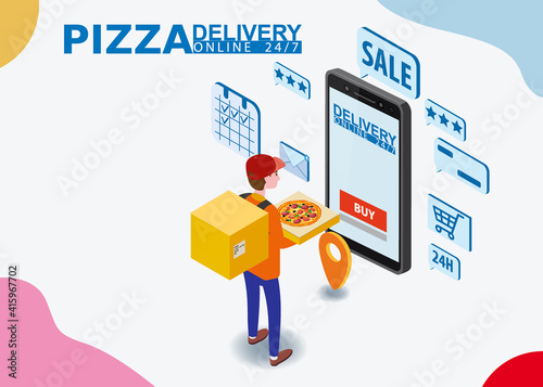 landing template Pizza Delivery Service Isometric concept. Courier with pizza box shipping to home, smartpnone. Fast 24 7 shipping, online food order