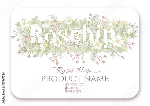 Rose hips with flowers and berries. Template for product label, cosmetic packaging. Easy to edit. Graphic drawing, engraving style. Vector illustration.