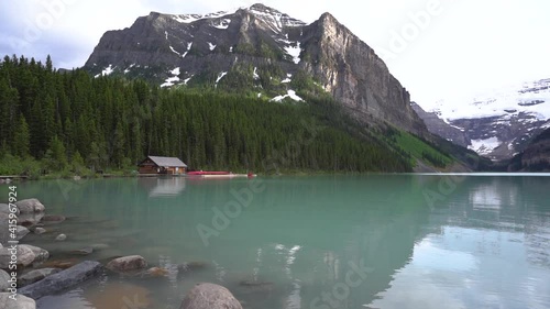 Lake Louise in Banff National Park with a wooden boathouse- photo