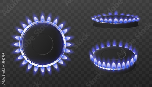 Natural gas hot kitchen stove with blue glowing flames a vector 3d illustration.