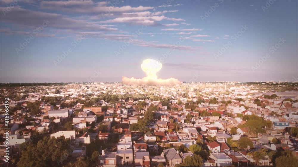 Realistic Nuclear Blast Over City Suburbs. Old 50s Film Look.