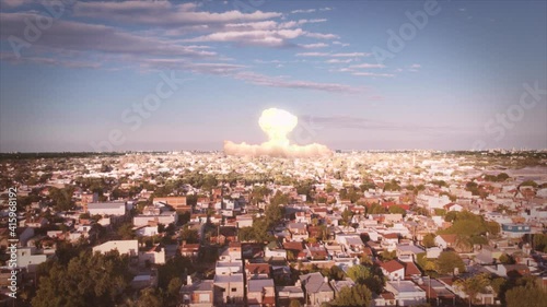 Realistic Nuclear Blast Over City Suburbs. Old 50s Film Look.