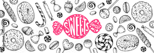 Set of sweets. Isolated on white background. Hand drawn vector illustration. Black and white candies set. Vector illustration in sketch style.