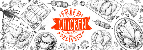 Chicken dinner. Grilled and Fried chicken. Hand drawn sketch illustration. Grilled chicken meat top view frame. Vector illustration. Engraved design. Restaurant menu design template.