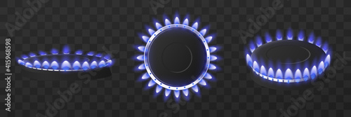 Kitchen cooker burners with gas flames, realistic vector illustration isolated.
