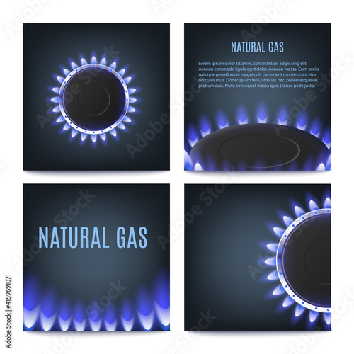 Hot gas burner rings with glowing blue flame of kitchen stove or heat equipment.