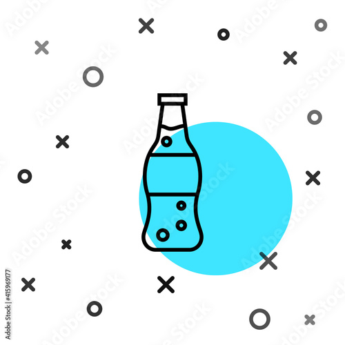 Black line Bottle of water icon isolated on white background. Soda aqua drink sign. Random dynamic shapes. Vector Illustration.