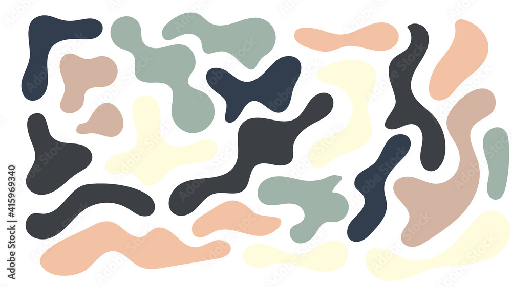 Irregular blob, set of abstract organic shapes. Abstract irregular random blobs, pastel green and brown color. Simple liquid amorphous splodge. Trendy minimal designs for presentations, banners