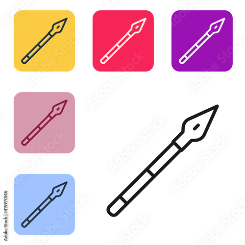 Black line Medieval spear icon isolated on white background. Medieval weapon. Set icons in color square buttons. Vector.