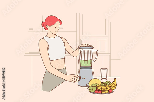 Healthy eating, vegetarian diet, clean eating concept. Young smiling red haired woman standing and blending fresh fruits to make healthy green smoothie for breakfast at home illustration 
