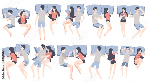 Night poses of sleep couple lying in cozy bed a set of vector illustrations