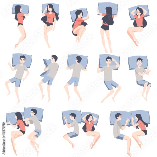 Sleep position for cute couple, girl and guy a set of vector flat illustrations.