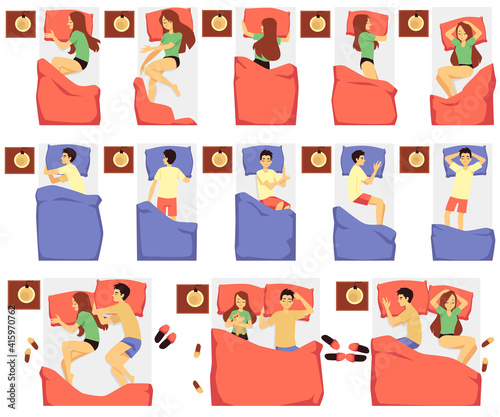 Woman and man at night in sleeping poses, flat vector illustration isolated.