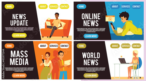 People reading world news online using smartphone or laptop with internet.