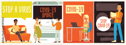 Stop Covid-19 concept of cards or banners cartoon flat vector illustration.