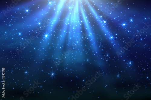 Cosmic space dark sky background with blue bright shining stars nebula at night