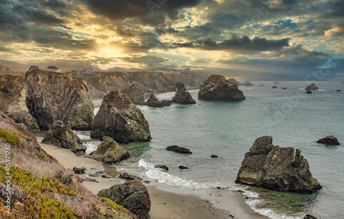 Beautiful landscape, rocks and ocean views along the Pacific Highway in northern California. © Volodymyr