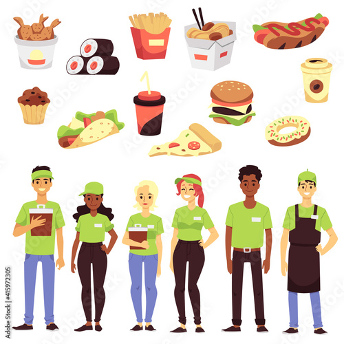 Set of icon for fast food restaurants - takeaway food and team of workers.