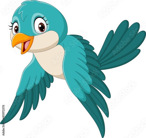 Cartoon funny bird flying isolated on white background