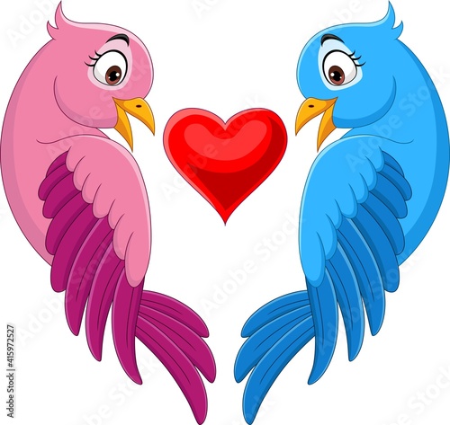Cartoon couple of bird in pink and blue with heart shape