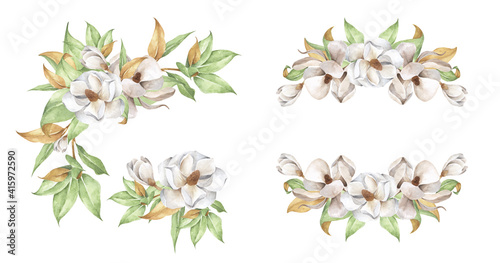 Set of the floral arrangements. Wedding concept with flowers. It's perfect for greeting cards, wedding invitation, birthday. Watercolor floral illustration. © Khaneeros