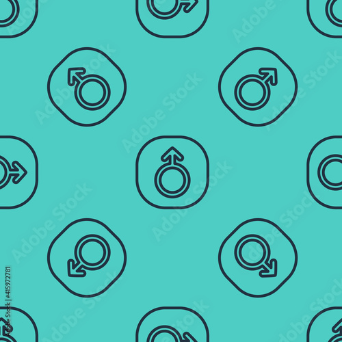 Black line Mars symbol icon isolated seamless pattern on green background. Astrology, numerology, horoscope, astronomy. Vector.