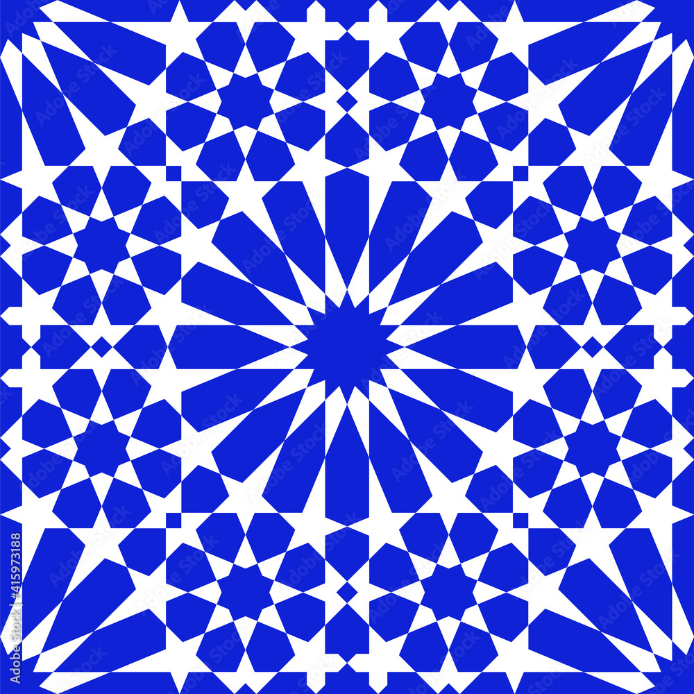 Seamless geometric ornament based on traditional islamic art. Blue color.