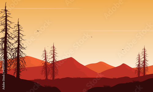 Beautiful natural scenery from the edge of the city at dusk. Vector illustration