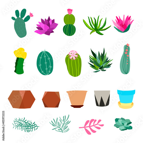 Set of indoor plants in pots for home and office. A large collection of cute houseplants in pots including cacti, aloe and other succulents. Vector collection of doodle plants.