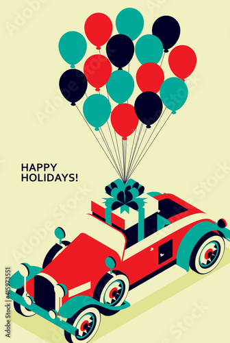 Retro car convertible with gift box and many balloons. Vintage car from 30s in red color. Greeting card for a holiday like birthday