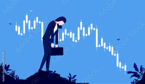 Woman losing money in the stock market - Female Investor feeling sad over financial loss and economic downturn. Vector illustration.