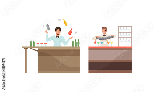 Barmen Pouring and Juggling of Alcoholic Cocktails Set, Bartenders Characters Mixing Ingredients at Bar Counter Cartoon Vector Illustration