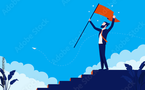 Career goals - Man taking steps to success, climbing the corporate ladder and waving flag on top. Vector illustration.