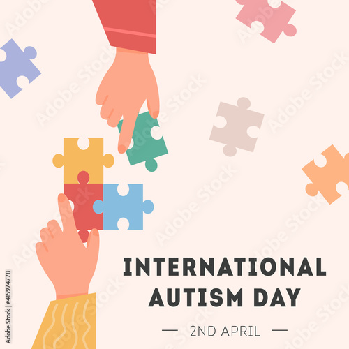 International Autism Awareness Day Card. Caucasian and african hand holding colourful puzzle pieces. Psychological concept of Autistic children. Social Difficulty. Mental disability disorder. Vector.