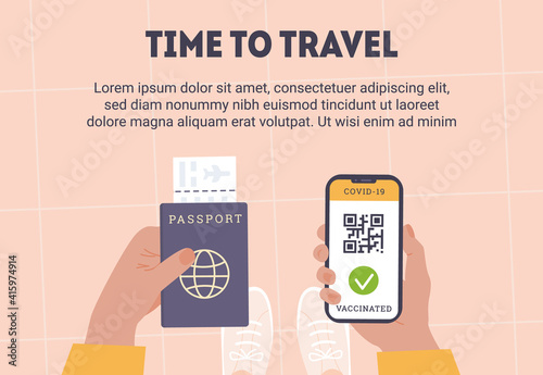 Concept of travelling during Coronavirus. Top view of person holding a phone. An app with QR code as proof of Covid Vaccine. In other hand is passport with airline boarding pass. Vaccinated passenger.