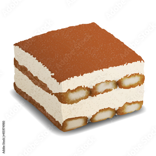 Piece of Tiramisu cake. Realistic vector dessert illustration isolated on white background