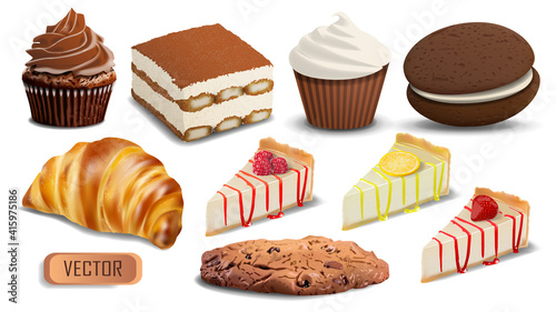Big Set of Realistic Vector Confectionery. Illustration of sweets cakes and cupcakes