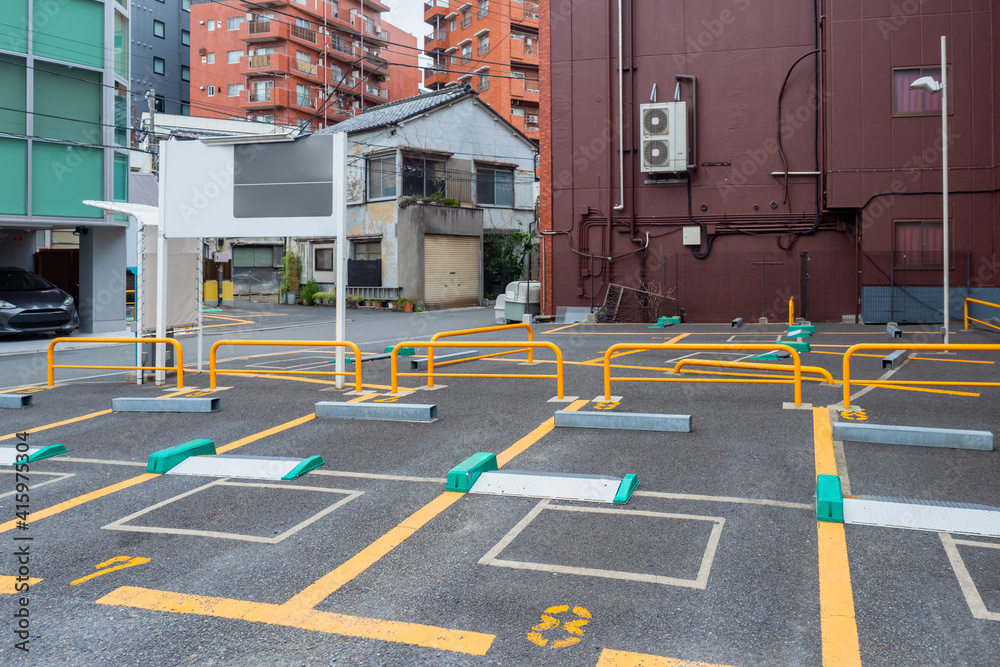 Parking in Tokyo. Japanese cities infrastructure. Street parking in