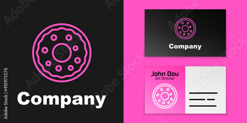 Pink line Donut with sweet glaze icon isolated on black background. Logo design template element. Vector.