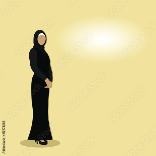Faceless cartoon arabic muslim beautiful woman manager or teacher in hijab and fashion abaya from UAE or Saudi Arabia show offer. Banner for social media marketing or education