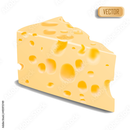 Triangular piece of cheese, 3d icon of cheese realistic food, Vector illustration