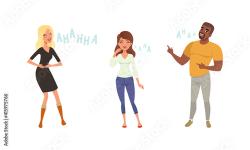 Positive Young Man and Women Laughing out Loudly Set, Happy People Having Fun Cartoon Vector Illustration