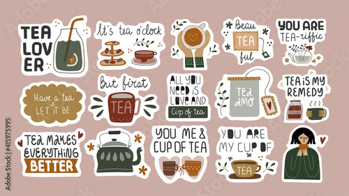 Set of funny tea quotes in stickers.
