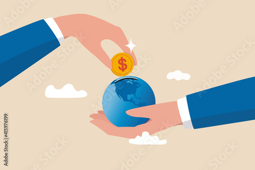 International economy, global investment, financial opportunity around the world, developed market and emerging markets concept, businessman investor hand put dollar coin money into globe coin bank.