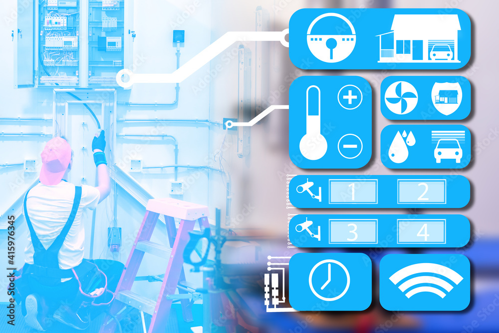 Smart home symbols next to electrician. Concept electrician installs iot system. Smart home system installation. Services for implementation of smart home system. Blurred master in background. Smart home symbols next to electrician. Concept electrician installs iot system. Smart home system installation. Services for implementation of smart home system. Blurred master in background.