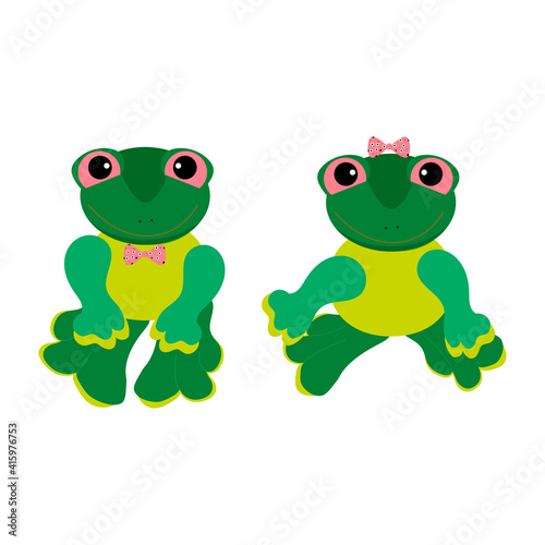 Two green frog toys on a white background. A girl and a boy.