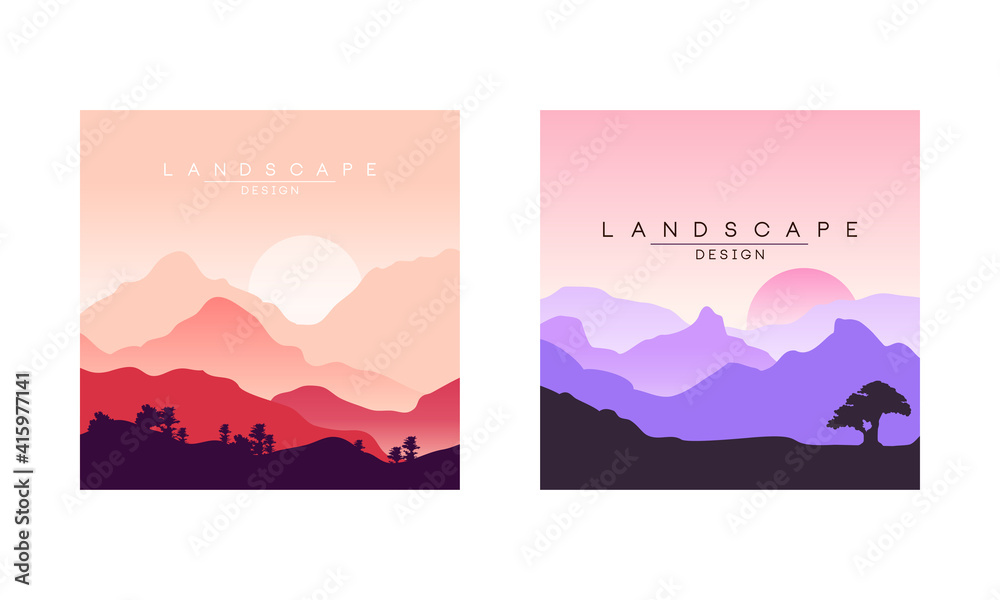Fototapeta premium Beautiful Mountain Landscape at Morning and Evening, Peaceful Nature Background, Banner, Poster, Cover Set Vector Illustration
